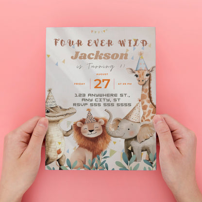 Editable Four Ever Wild Birthday Invitation - CreativeRino