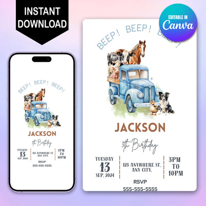 Little Blue Truck Birthday Party Invitation - CreativeRino