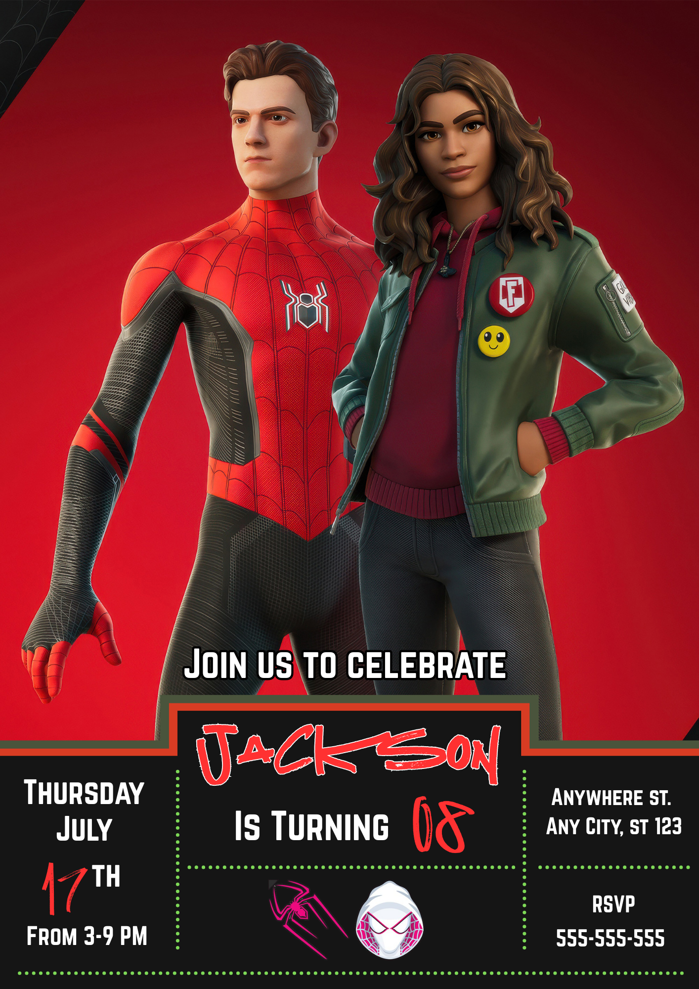 Spiderman X Gwen Stacy Fortnite X Marvel Invitations - CreativeRino