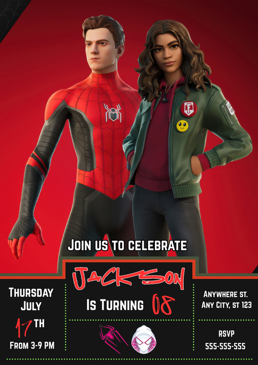 Spiderman X Gwen Stacy Fortnite X Marvel Invitations - CreativeRino