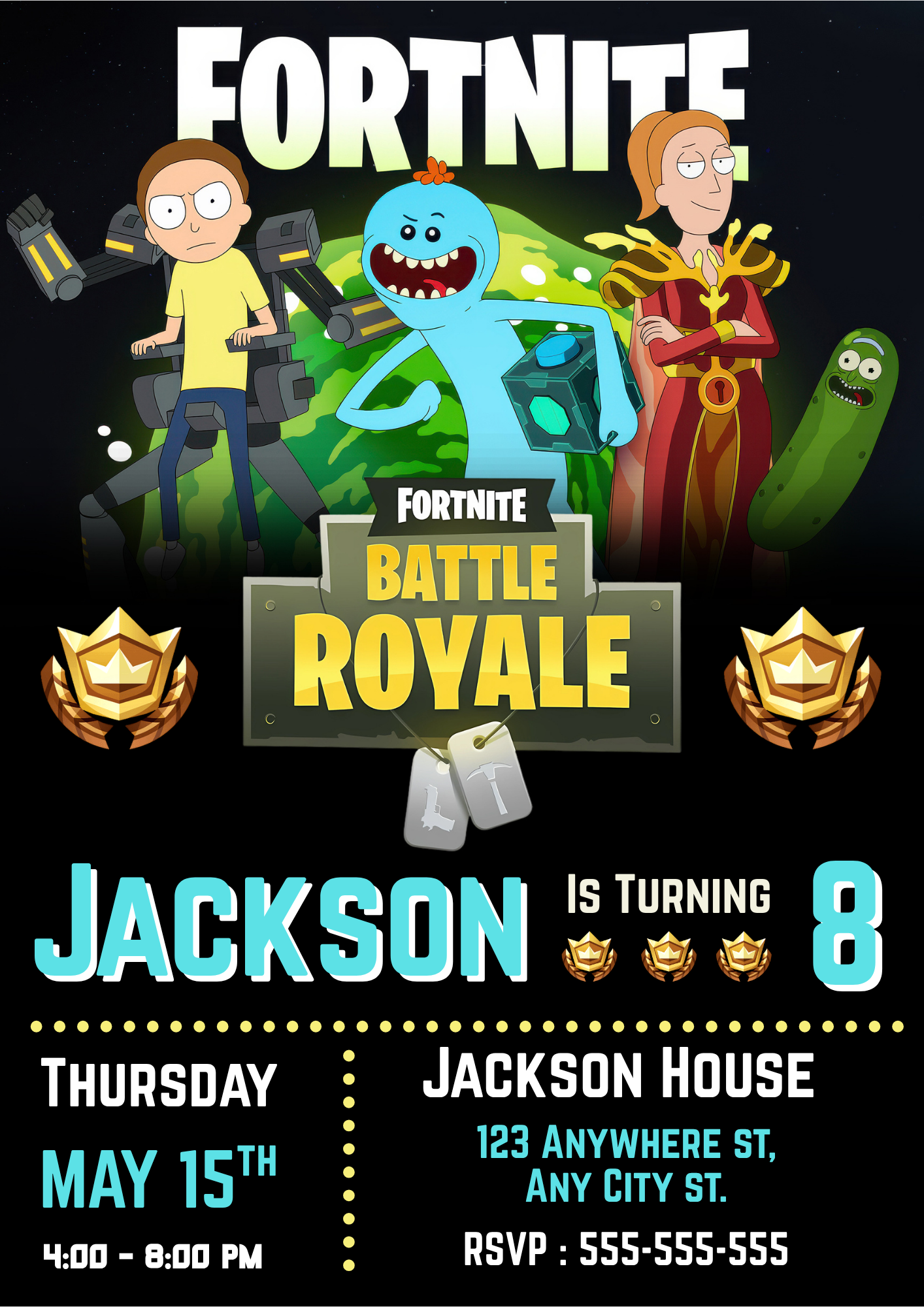 Mecha Morty Queen Summer And Mr. Meeseeks In Fortnite Birthday Party Invitation - CreativeRino