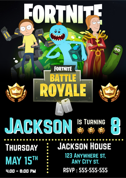 Mecha Morty Queen Summer And Mr. Meeseeks In Fortnite Birthday Party Invitation - CreativeRino