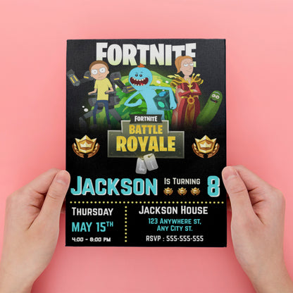 Mecha Morty Queen Summer And Mr. Meeseeks In Fortnite Birthday Party Invitation - CreativeRino