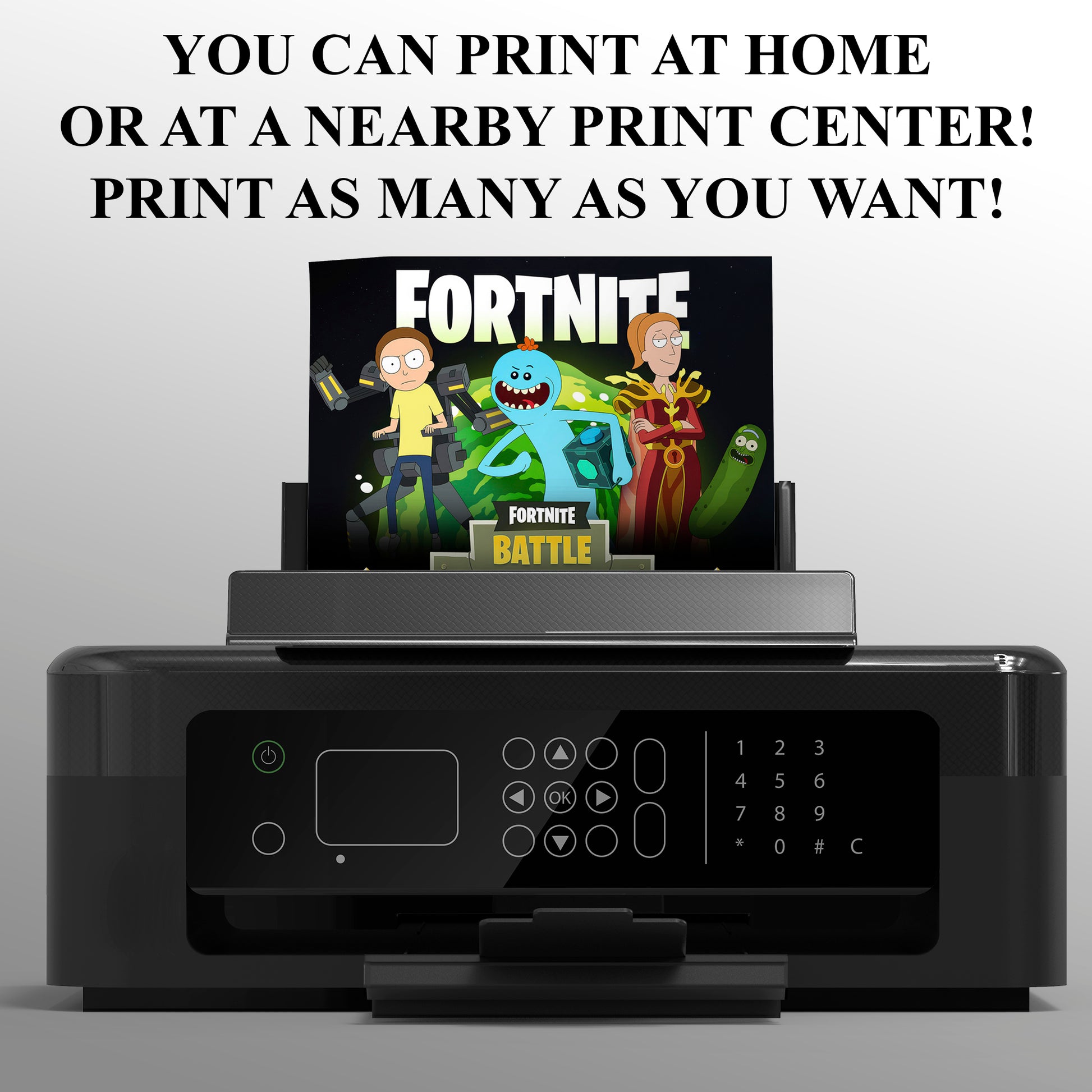 Mecha Morty Queen Summer And Mr. Meeseeks In Fortnite Birthday Party Invitation - CreativeRino