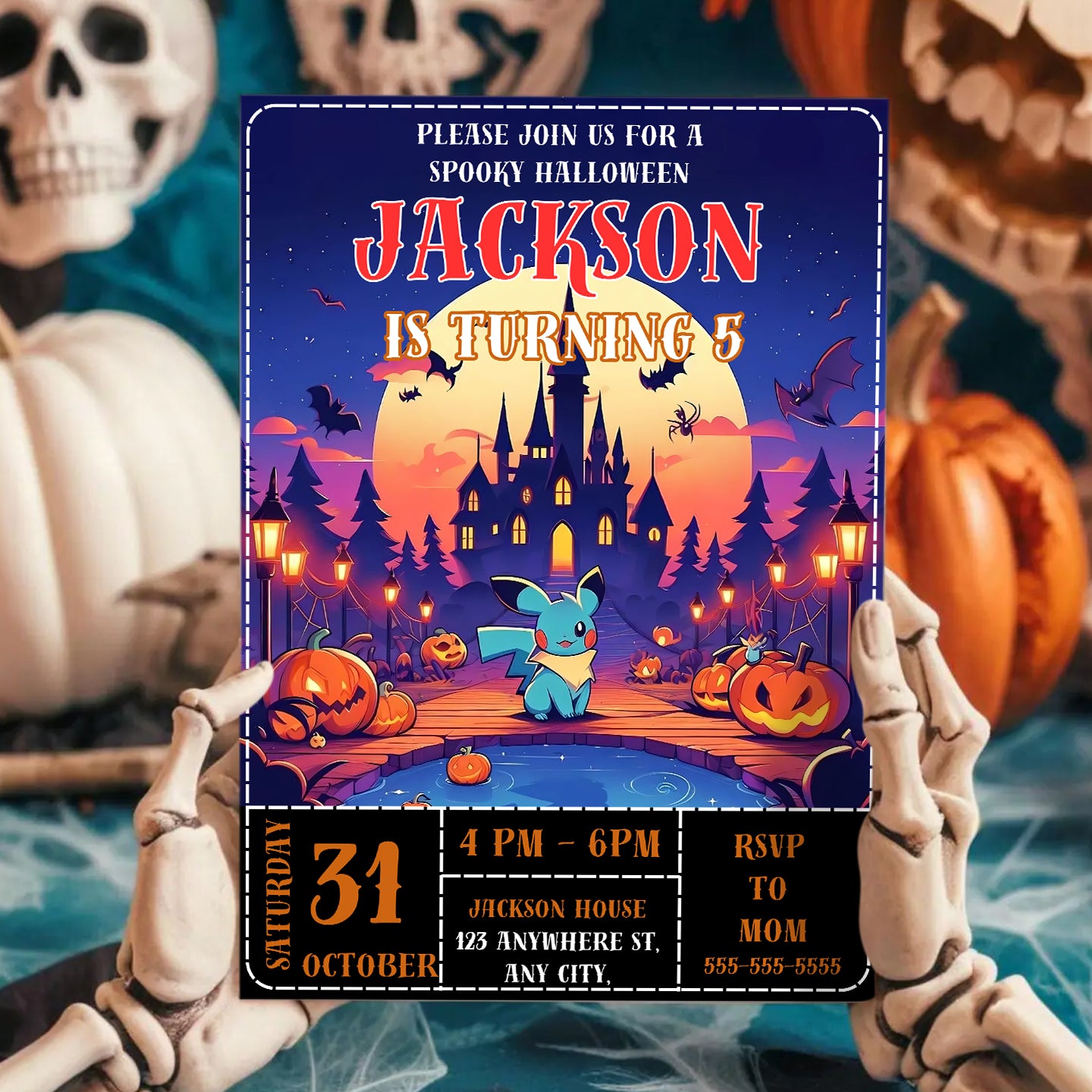 Blue Pikachu Halloween Birthday Party Invitation - CreativeRino