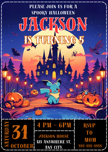 Blue Pikachu Halloween Birthday Party Invitation - CreativeRino