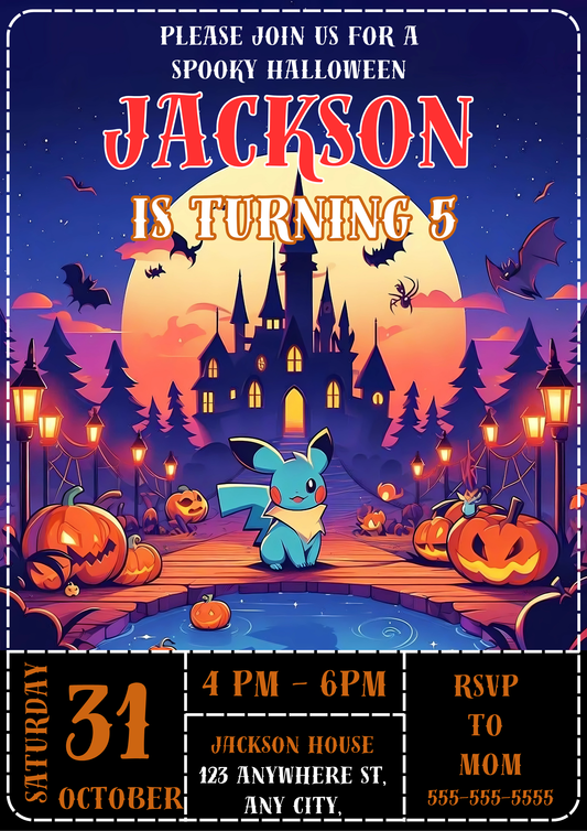 Blue Pikachu Halloween Birthday Party Invitation - CreativeRino