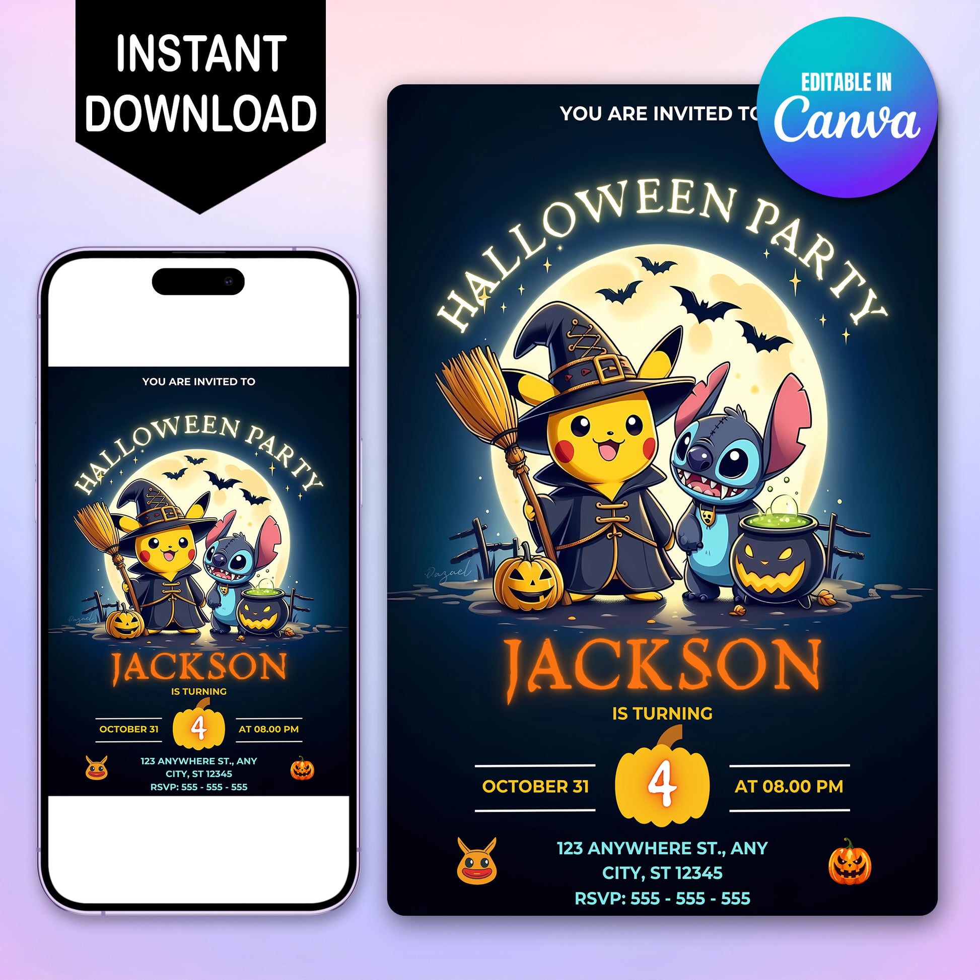 Pikachu Stitch Halloween Birthday Party Invitation - CreativeRino