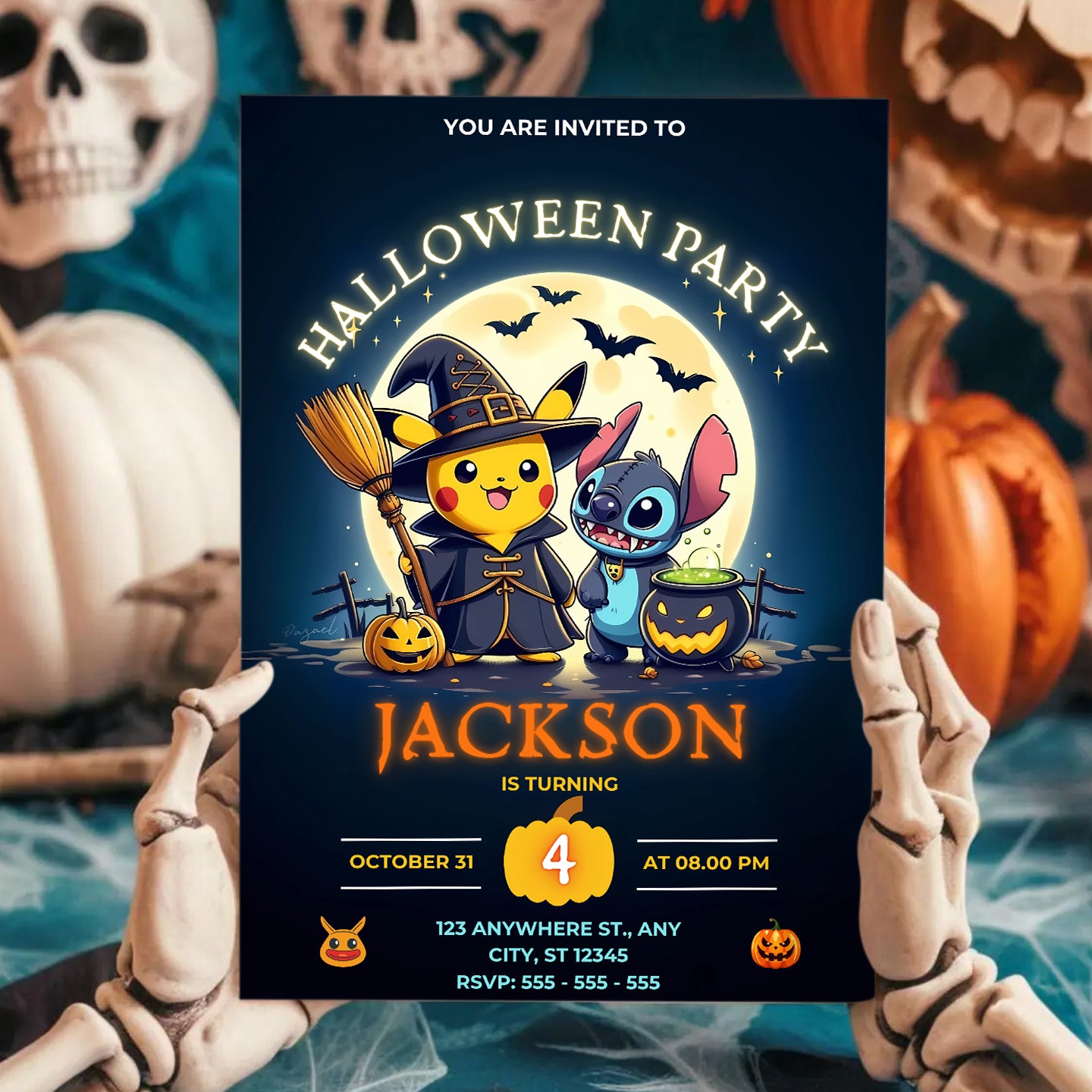 Pikachu Stitch Halloween Birthday Party Invitation - CreativeRino