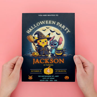 Pikachu Stitch Halloween Birthday Party Invitation - CreativeRino