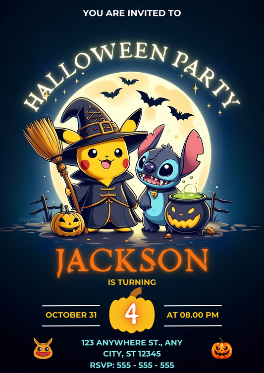 Pikachu Stitch Halloween Birthday Party Invitation - CreativeRino