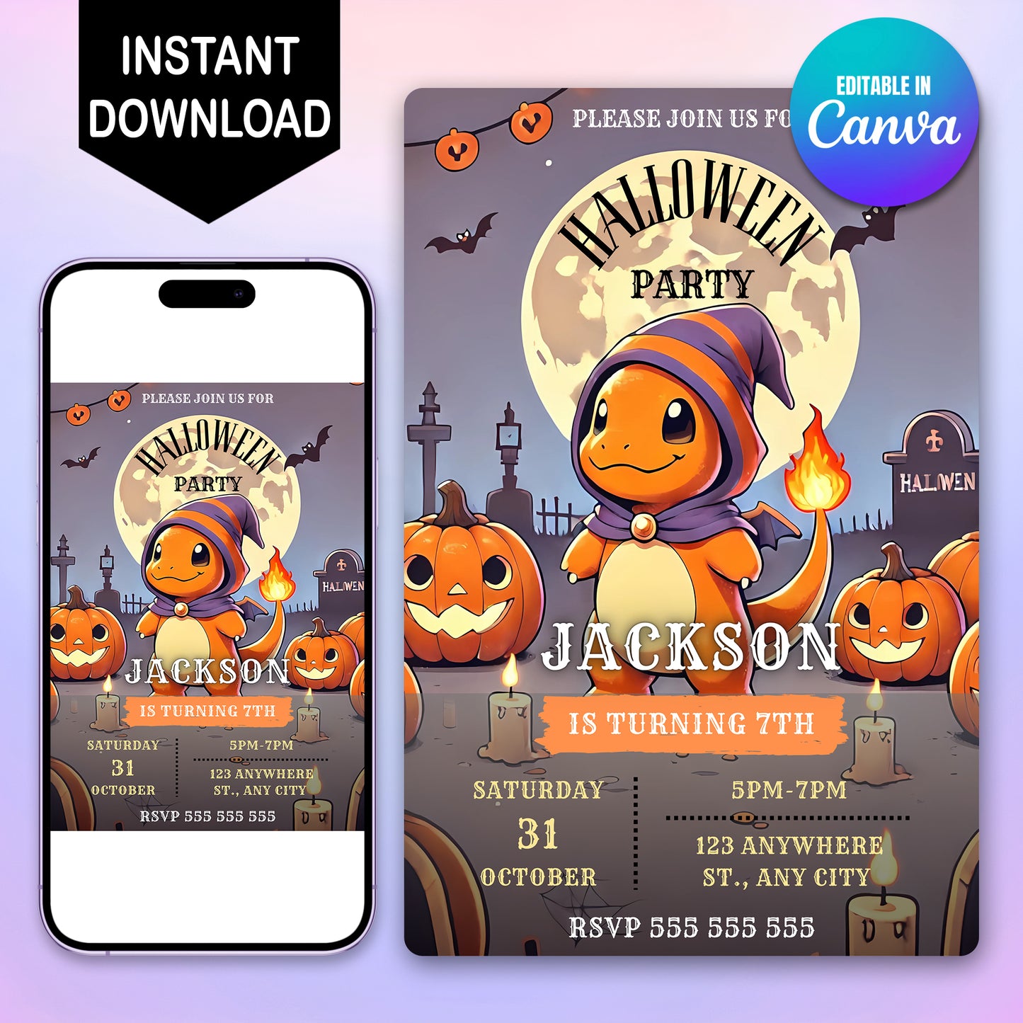 Charmander Halloween Birthday Party Invitation - CreativeRino