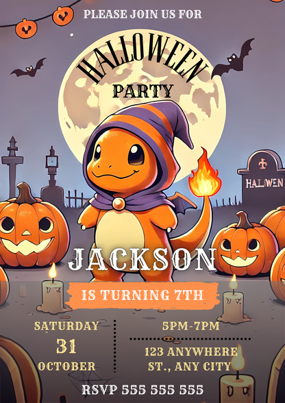 Charmander Halloween Birthday Party Invitation - CreativeRino