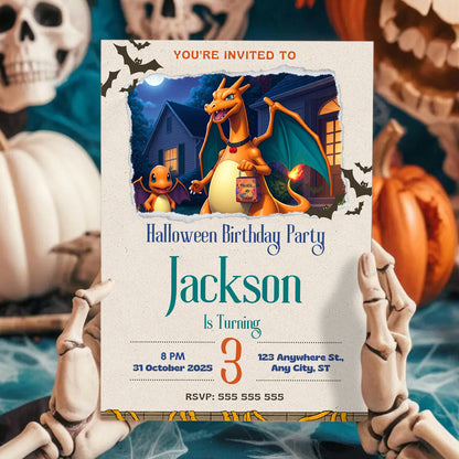 Editable Charizard Halloween Birthday Party Invitation - CreativeRino
