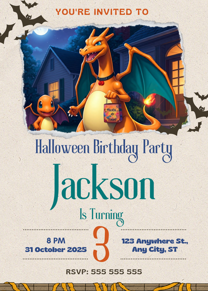 Editable Charizard Halloween Birthday Party Invitation - CreativeRino