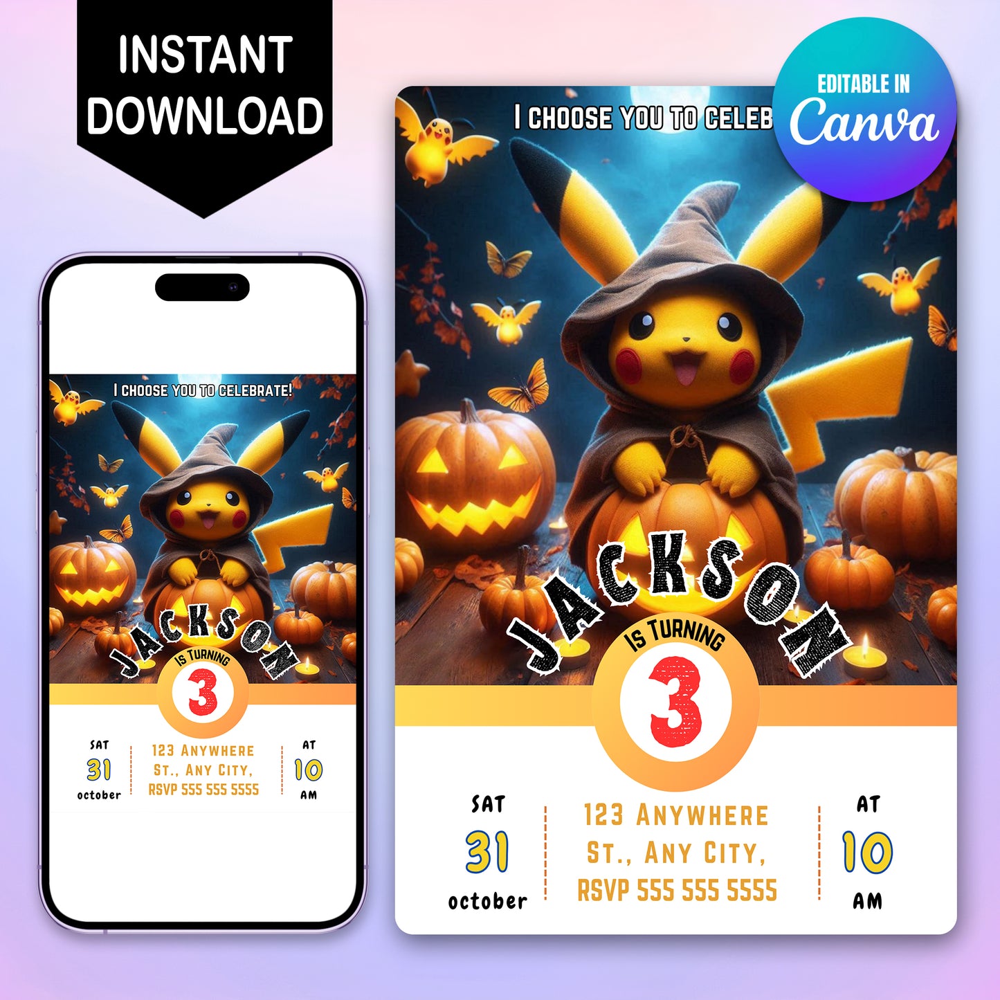 Pikachu Halloween Birthday Party Invitation Template - CreativeRino