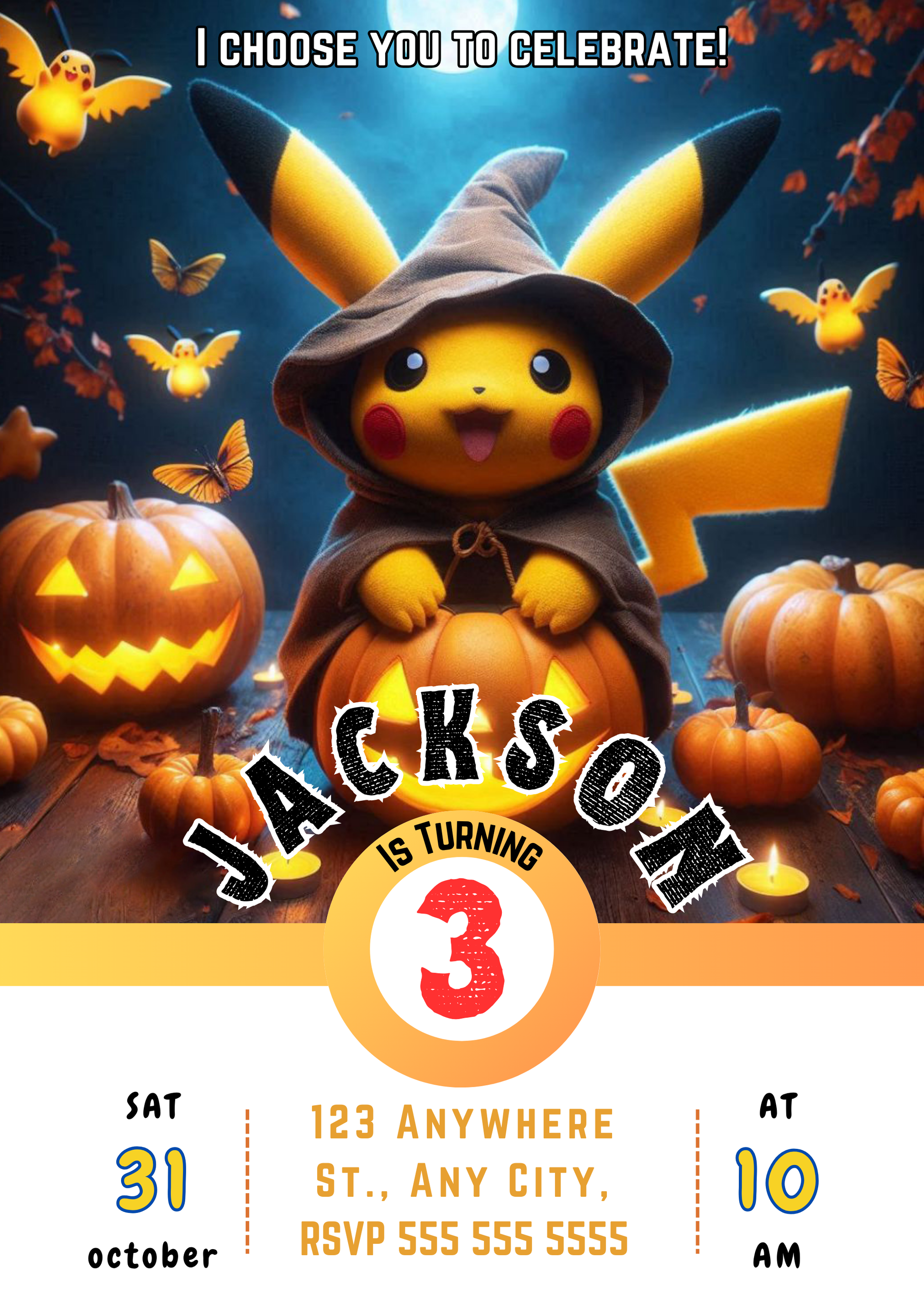 Pikachu Halloween Birthday Party Invitation Template - CreativeRino