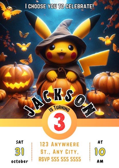 Pikachu Halloween Birthday Party Invitation Template - CreativeRino