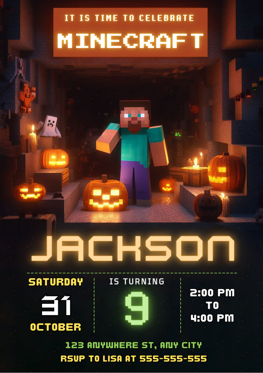 Minecraft Halloween Birthday Party Invitation - CreativeRino