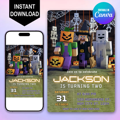 Minecraft Halloween Birthday Party Invitation - CreativeRino