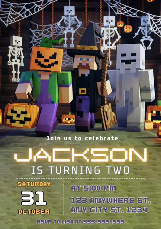 Minecraft Halloween Birthday Party Invitation - CreativeRino
