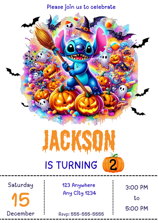 Stitch Halloween Birthday Party Invitation - CreativeRino