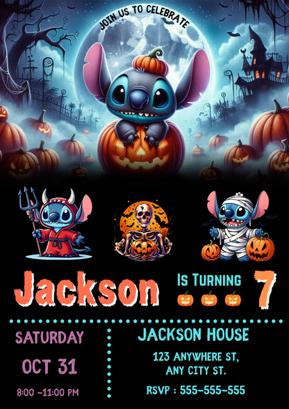 Pumpkin Stitch Halloween Birthday Party Invitation - CreativeRino