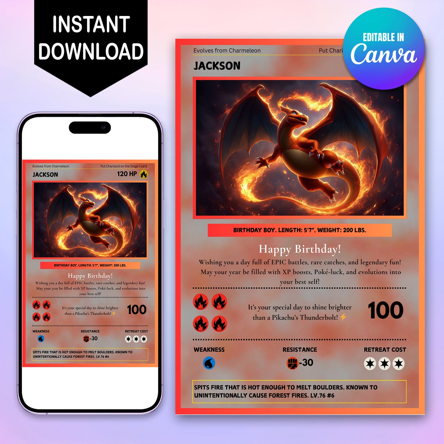 Editable Charizard Birthday Card Invitation - CreativeRino