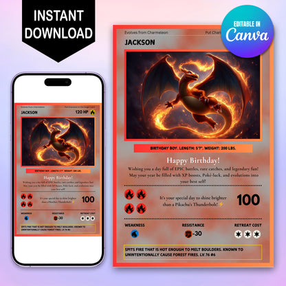 Editable Charizard Birthday Card Invitation - CreativeRino