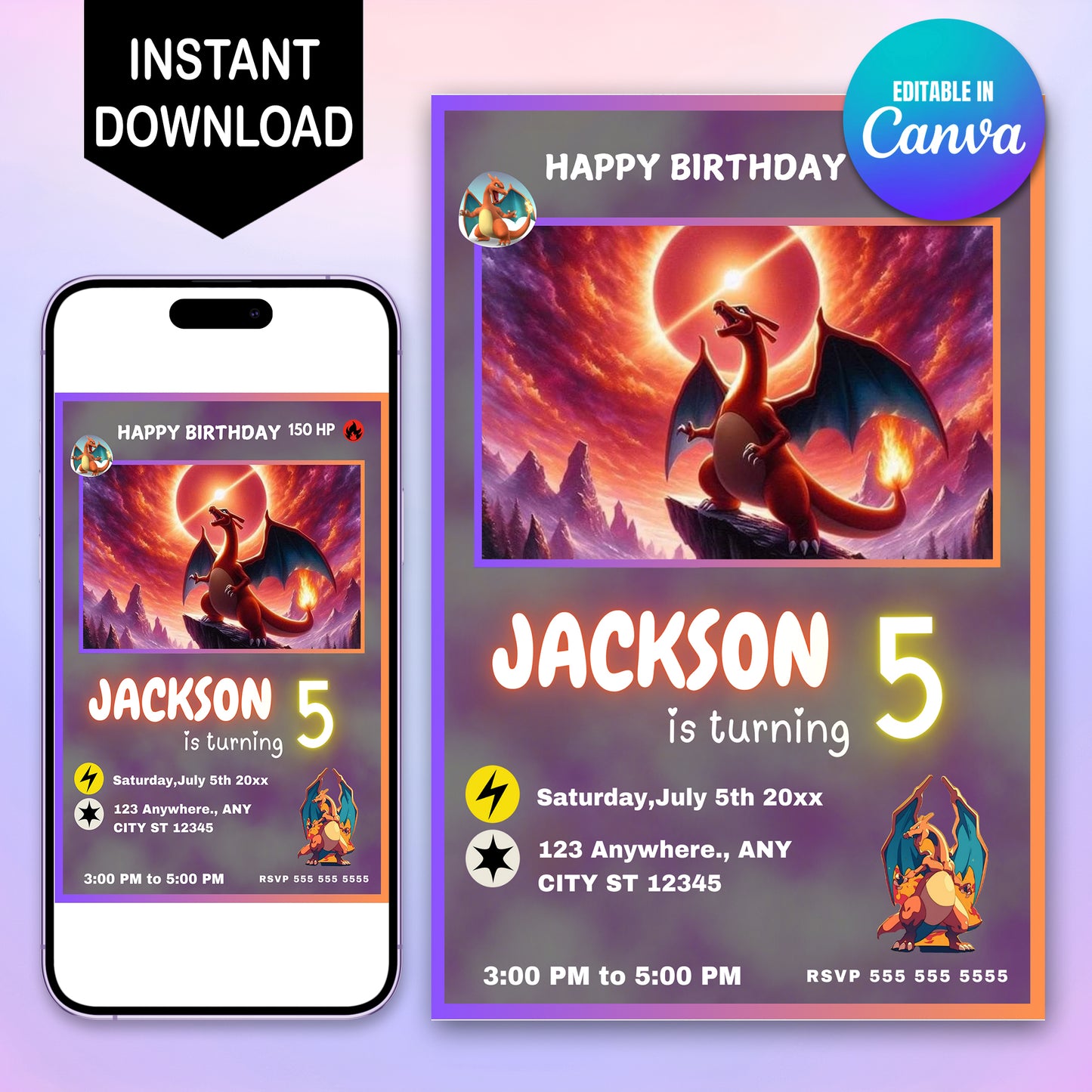 Charizard Birthday Card Invitation - CreativeRino