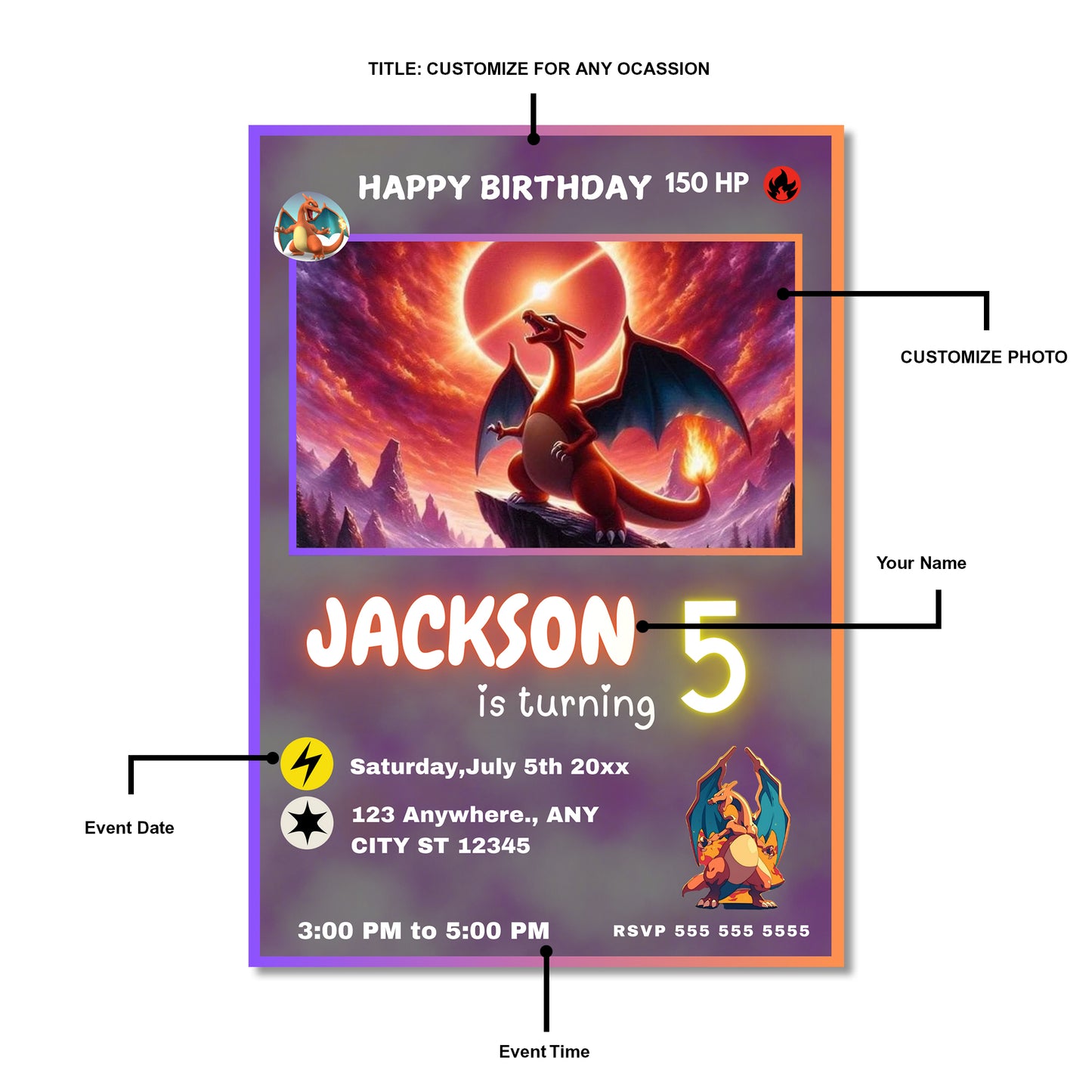 Charizard Birthday Card Invitation - CreativeRino