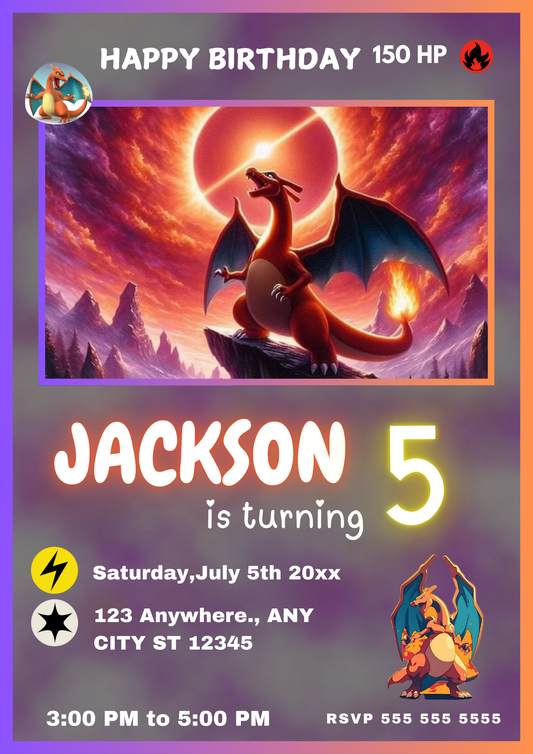 Charizard Birthday Card Invitation - CreativeRino