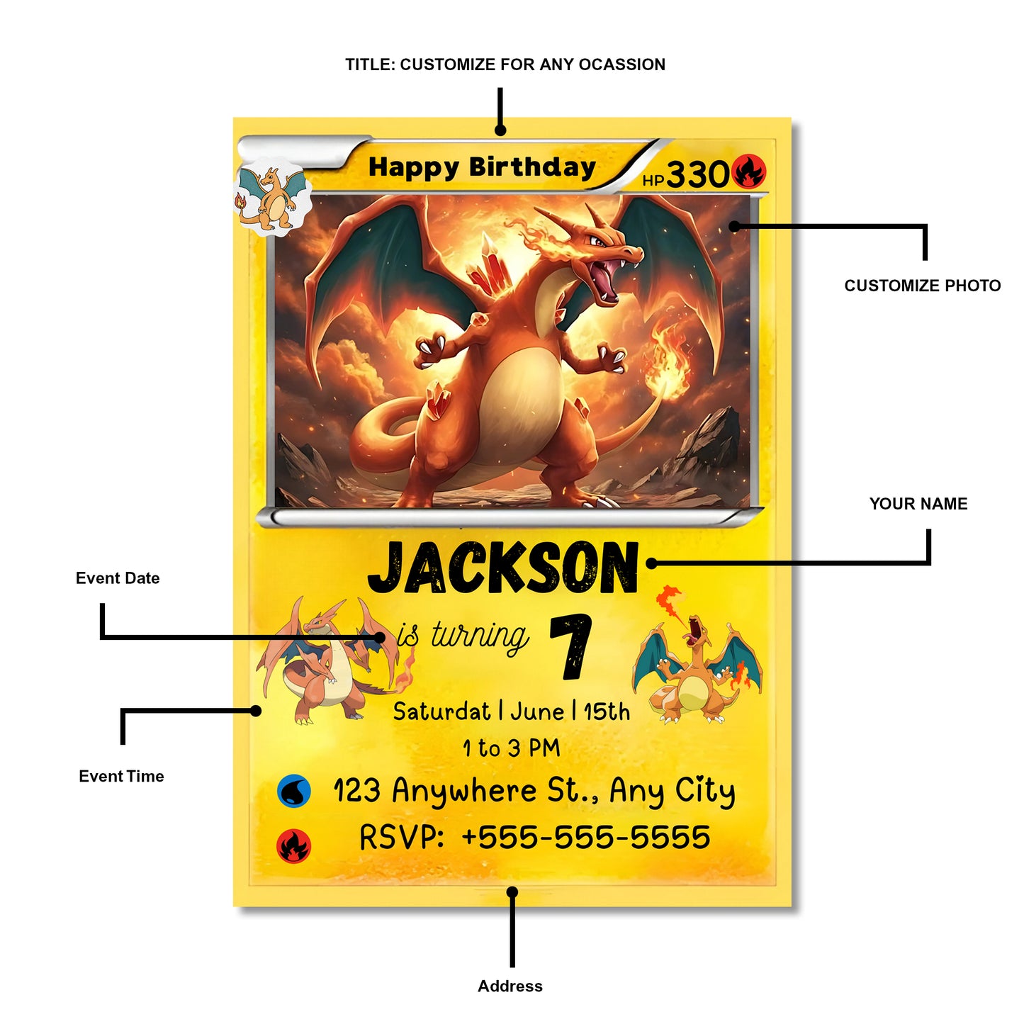 Printable Charizard Pokemon Birthday Card Invitation - CreativeRino