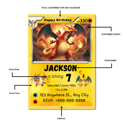 Printable Charizard Pokemon Birthday Card Invitation - CreativeRino