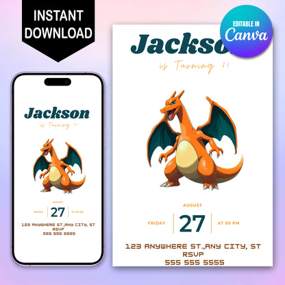 Digital Pokemon Charizard Birthday Invite Template - CreativeRino