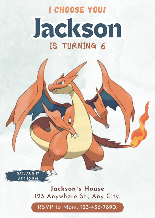 Printable Charizard Pokemon Birthday Party Invitation - CreativeRino