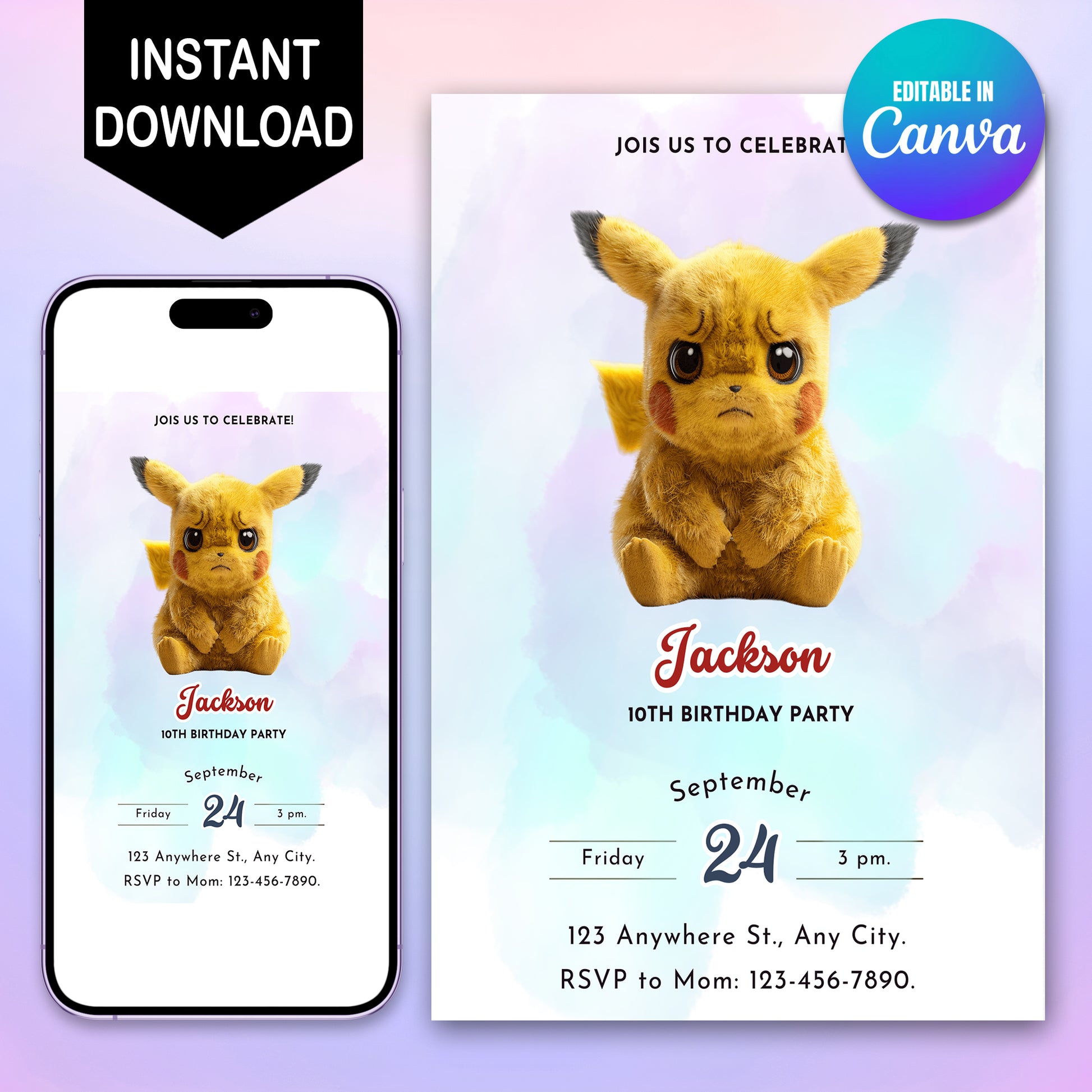 Digital Pokemon Birthday Invitation Template - CreativeRino