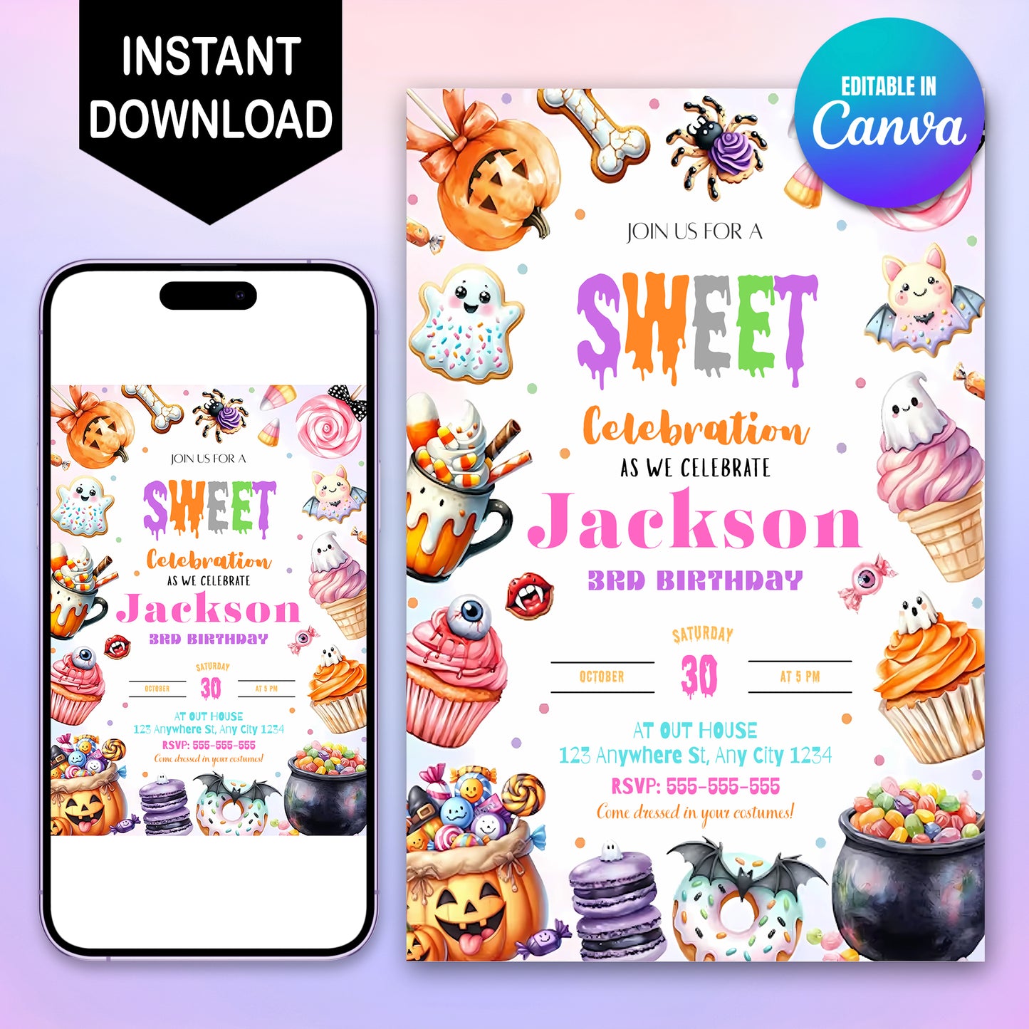 Editable Sweets Halloween Birthday Invitation - CreativeRino
