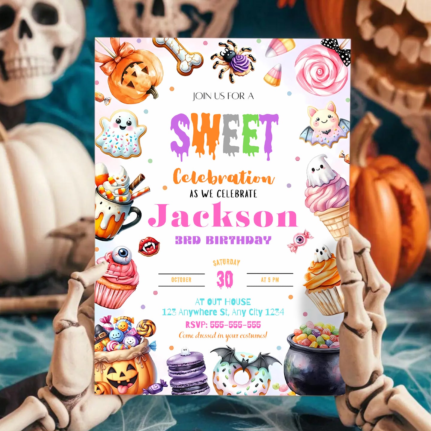 Editable Sweets Halloween Birthday Invitation - CreativeRino