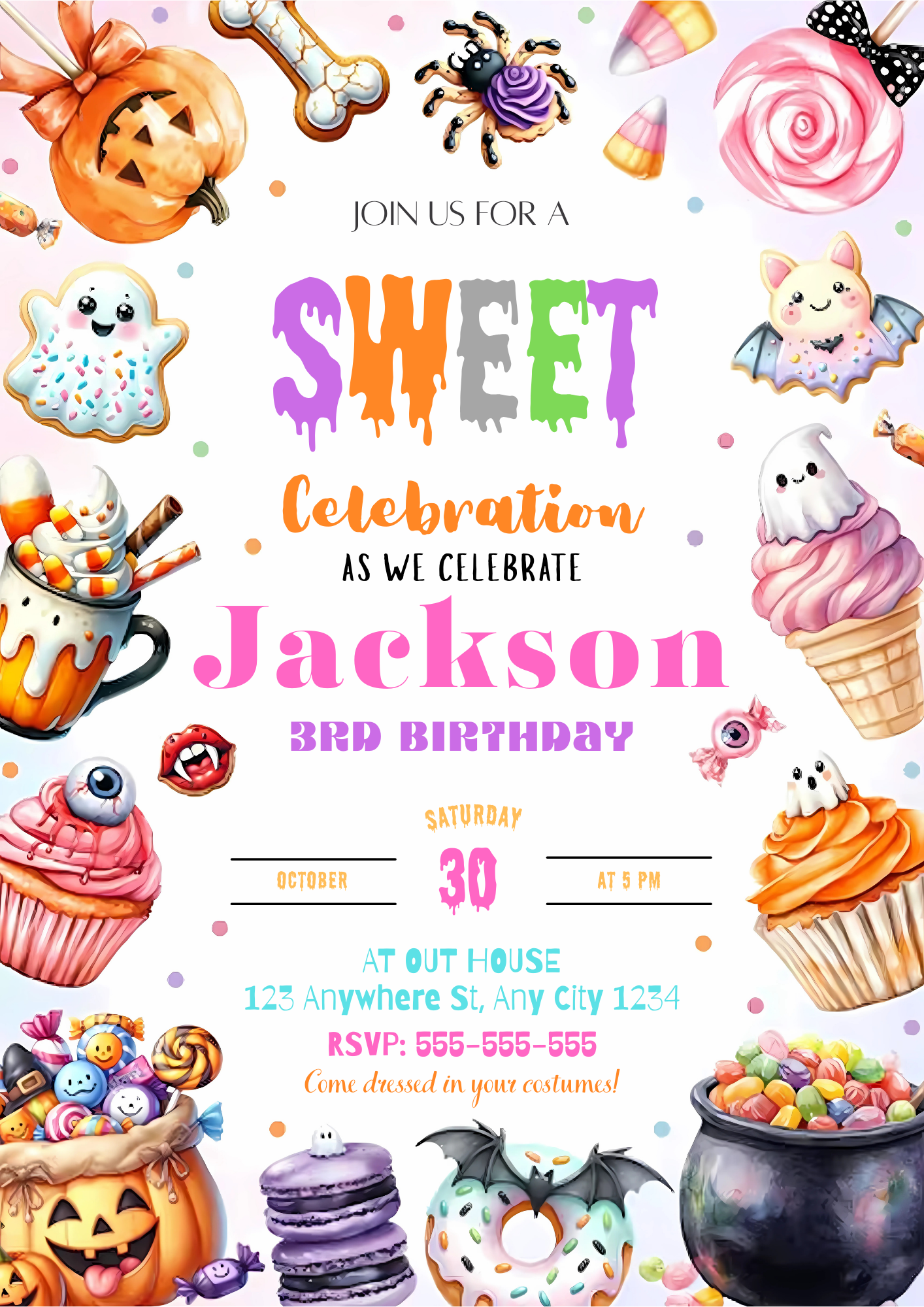 Editable Sweets Halloween Birthday Invitation - CreativeRino