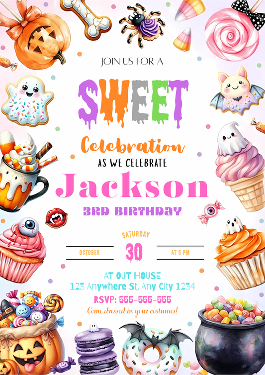 Editable Sweets Halloween Birthday Invitation - CreativeRino