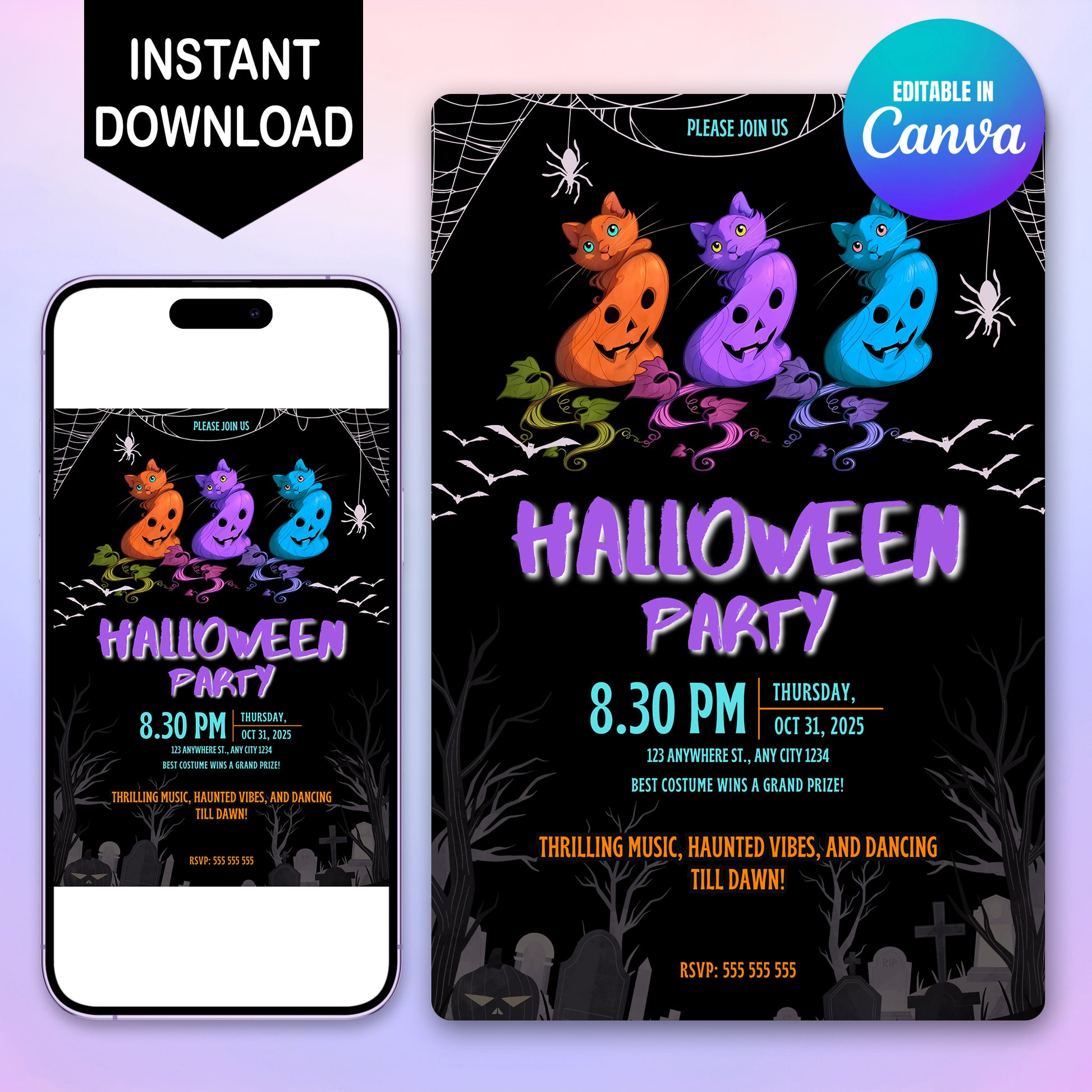 Bat Cat Halloween Party Invitation - CreativeRino