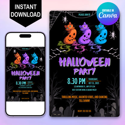 Bat Cat Halloween Party Invitation - CreativeRino