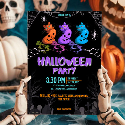 Bat Cat Halloween Party Invitation - CreativeRino