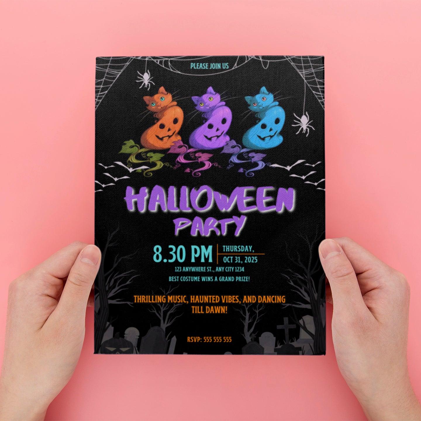 Bat Cat Halloween Party Invitation - CreativeRino