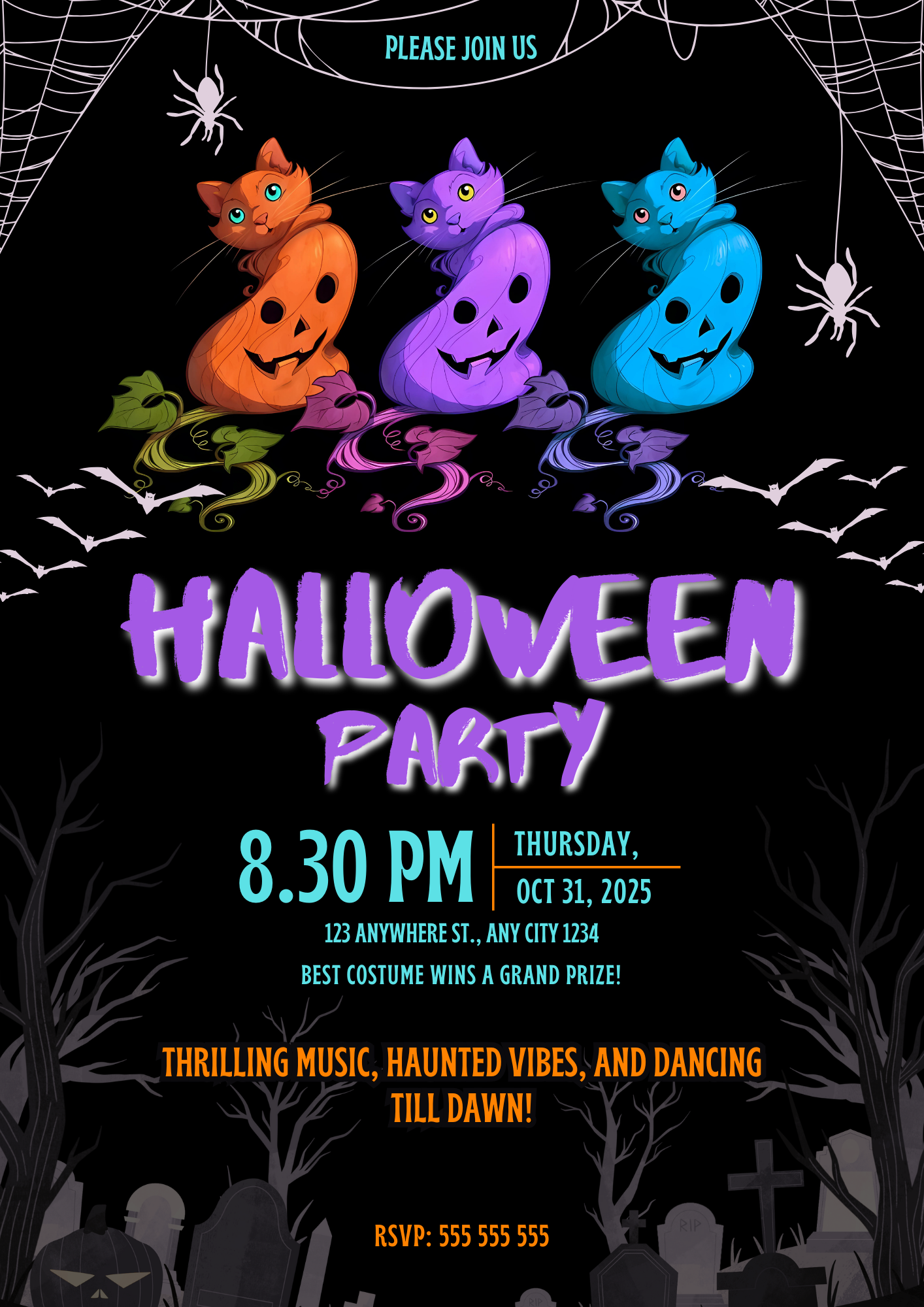 Bat Cat Halloween Party Invitation - CreativeRino