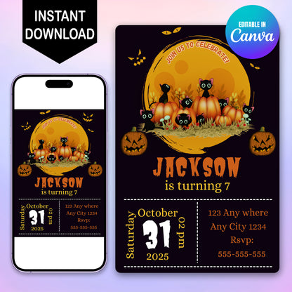 Bat Cat Halloween Birthday Party Invitation - CreativeRino