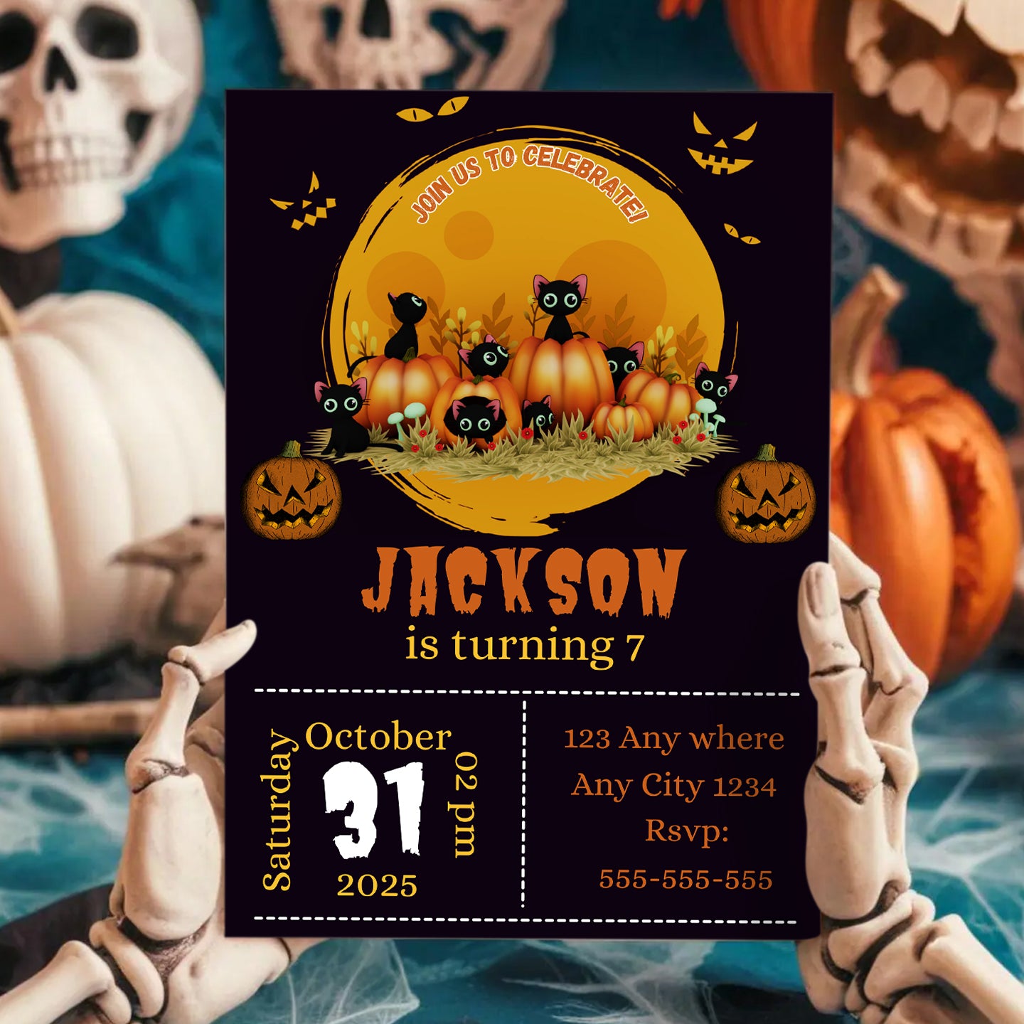 Bat Cat Halloween Birthday Party Invitation - CreativeRino