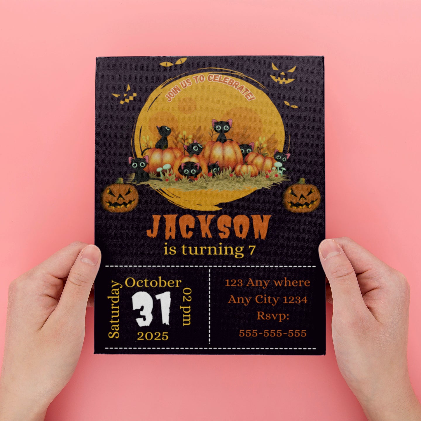 Bat Cat Halloween Birthday Party Invitation - CreativeRino