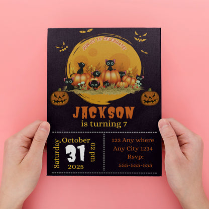 Bat Cat Halloween Birthday Party Invitation - CreativeRino